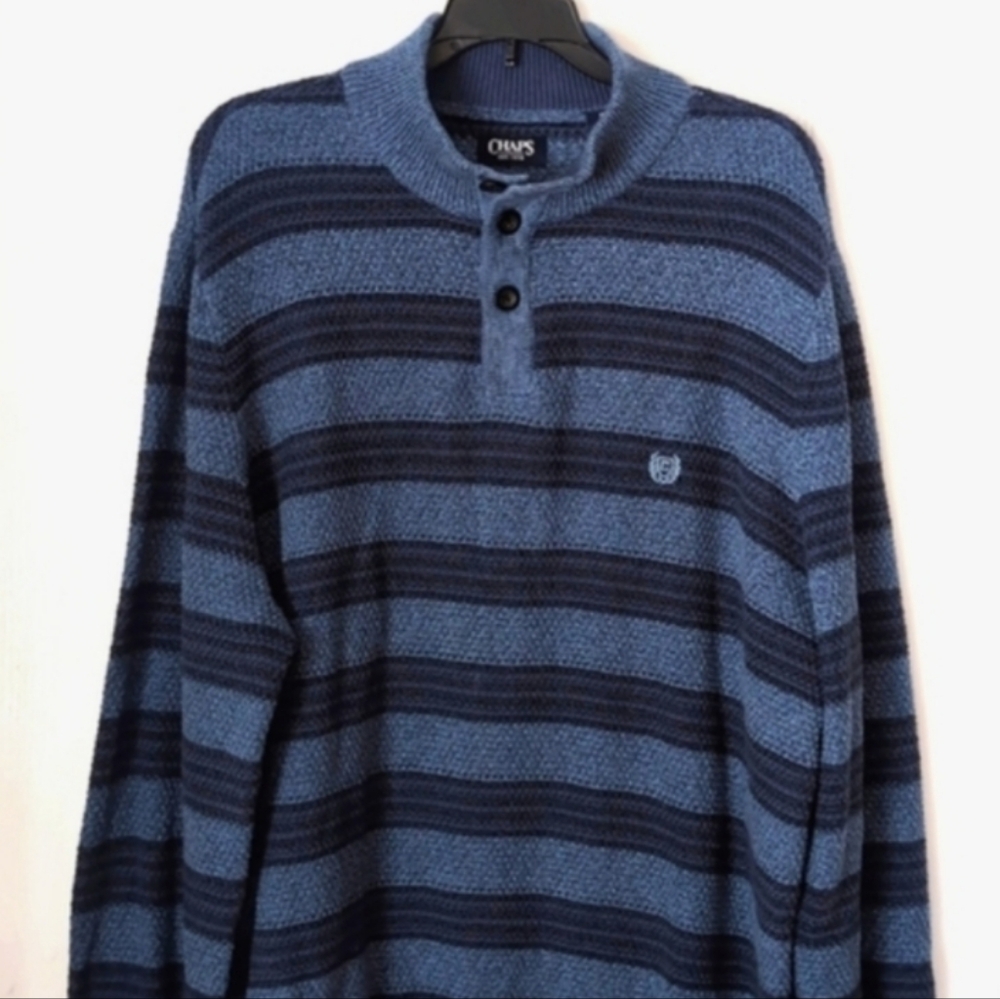 Chaps 3 Button Blue Knit Sweater. Long Sleeve .Arm Patches. Size 2XL